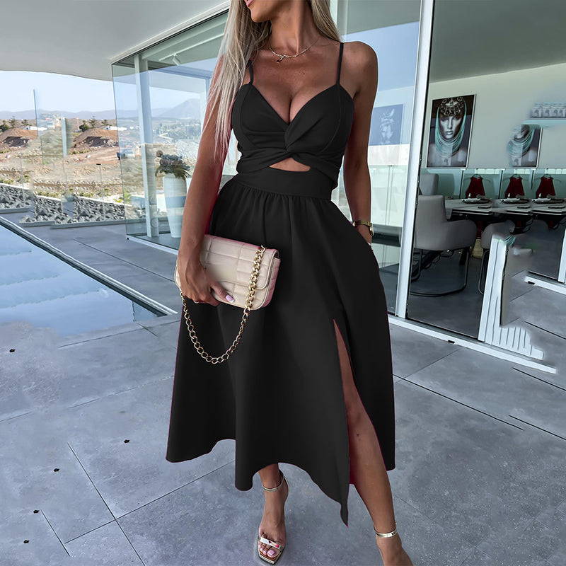 Vanette - Elegant Strappy Front Slit Midi Dress