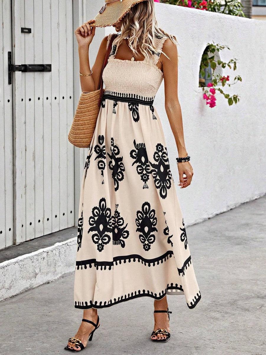 Valentina - Chic Square Neck Sleeveless Printed Beach Dress