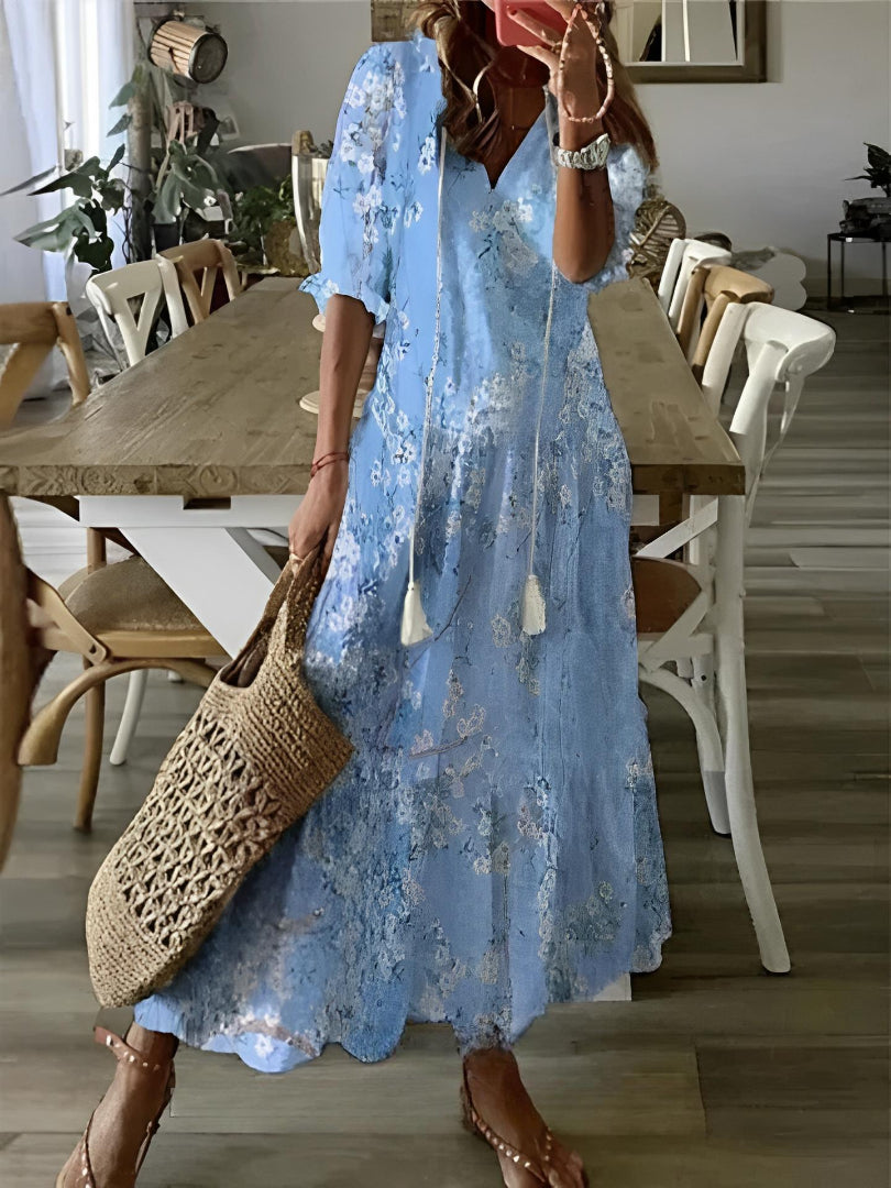 Andrea - Vintage V-Neck Printed Dress