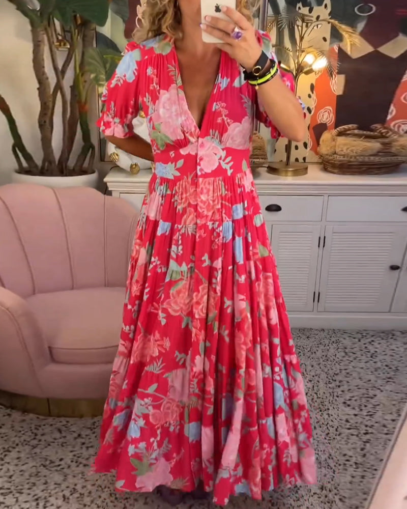 Reagan - V-Neck Short Sleeve Floral Maxi Dress