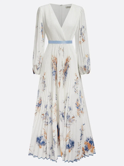 Halston - Elegant V-Neck Puff Sleeves Maxi Dress
