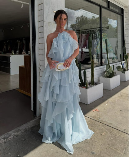 Nephele - Long Halter Ruffle Cocktail Dress