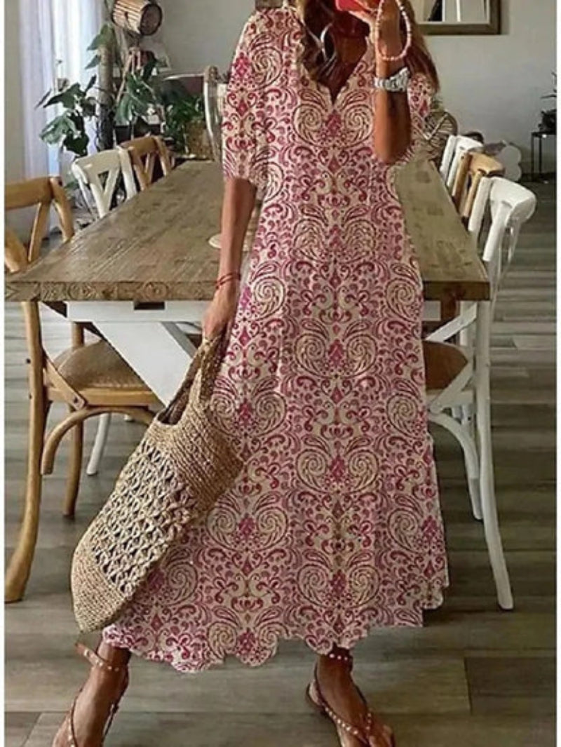 Andrea - Vintage V-Neck Printed Dress